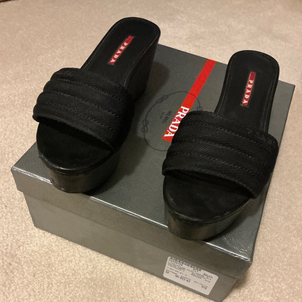 Prada platform wedge slide, black, size 7.5